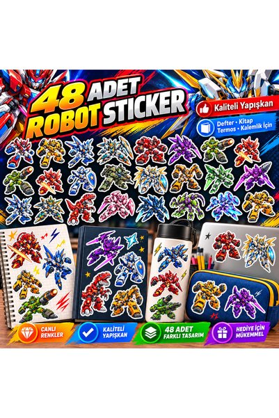 48 Adet Robot Sticker Seti – Renkli Robot ve Mekanik Savaşçı Çıkartmaları | A4 Premium