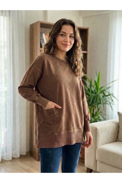 AYASOFYA OTANTIK Women's Round Neck Oversize Loose 100% Cotton Sweater Tunic ...
