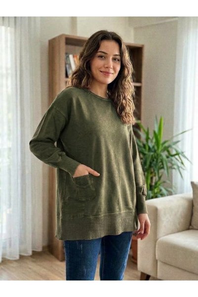 AYASOFYA OTANTIK سترة نسائية فضفاضة بياقة دائرية وجيب وتفاصيل ممزقة عتيقة الط...