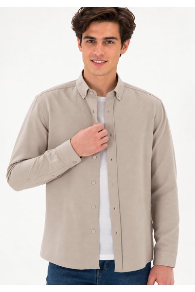 kzy giyim Men's Beige Slim Long Sleeve Basic Shirt