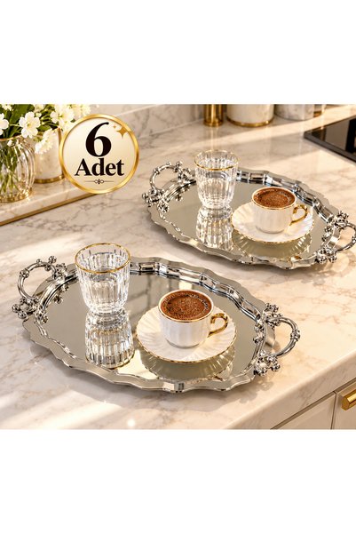 SUNVERA ÇELİK 6 Adet Mini Oval Gümüş Aynalı Kahve Sunum Tepsisi, Desenli Kulp...