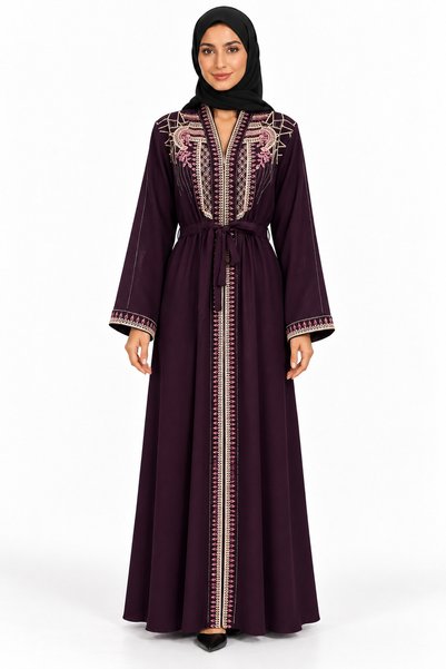 MOHAMED ZAHABI Abaya with Shoulder Embroidery and Belt |   Shoulder Embroider...