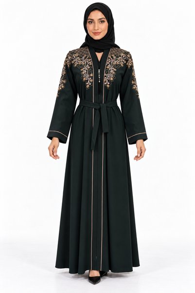 MOHAMED ZAHABI Floral Embroidery Abaya with Belt |   Floral Embroidered Abaya...