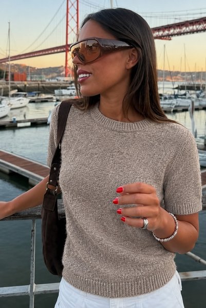 DAMGA JEANS Γυναικείο κοντομάνικο πουλόβερ με λαιμόκοψη ποδηλάτου, casual κρε...