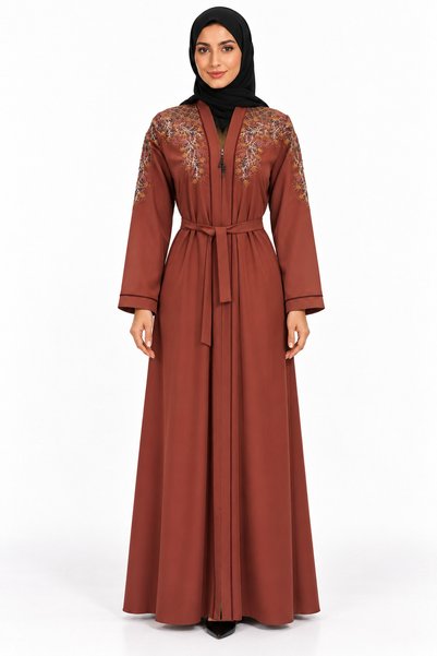 MOHAMED ZAHABI Floral Embroidery Abaya with Belt |   Floral Embroidered Abaya...