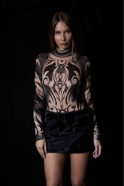 Kikiriki Taş İşlemeli Transparan Dövmeli Tül Bodysuit
