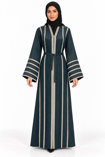 MOHAMED ZAHABI Abaya with Embroidered Lines and Belt |   Striped Embroidered ...
