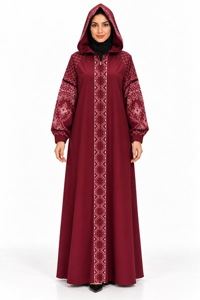 MOHAMED ZAHABI Abaya with Hat and Geometric Embroidery |   Hooded Geometric E...