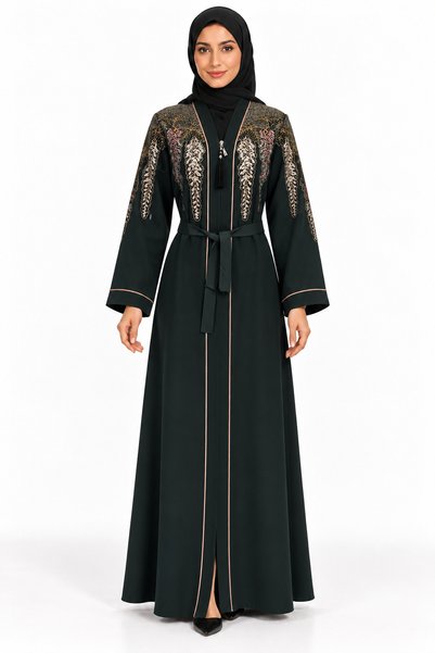 MOHAMED ZAHABI Abaya with Branch Embroidery and Belt |   Botanical Embroidere...