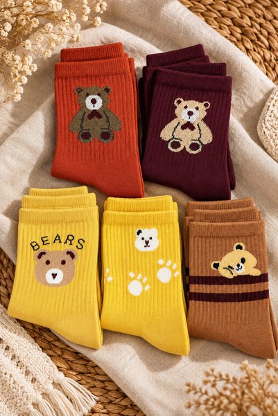İpeksi Collection 5 Pairs Teddy Pattern College Unisex Socks