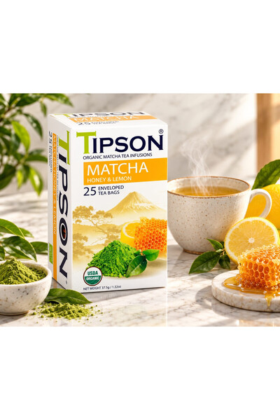 Tipson تيبسون شاي ماتشا بالعسل والليمون 25 كيس مغلف منفرد شاي أخضر معتمد USDA...