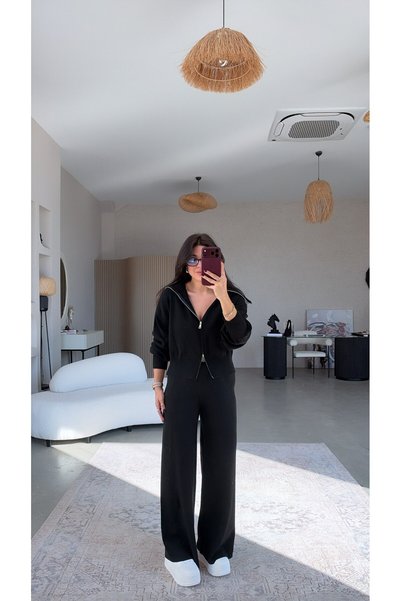 Buket Teke Siyah Geniş Yaka Fermuarlı Premium Triko Takım