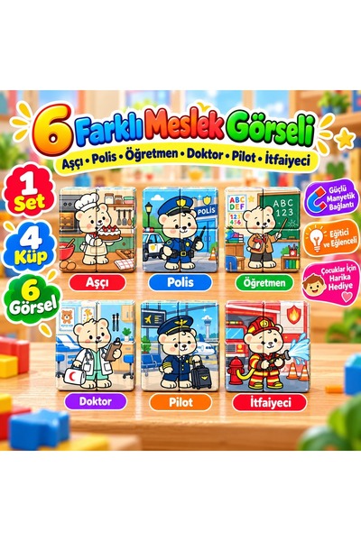 Manyetik Meslek Küpleri Eğitici Oyuncak – 4 Küp, 6 Farklı Görsel, Meslekleri Tanıma Puzzle