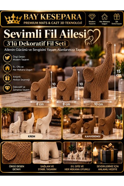 BAY KESEPARA PREMİUM MATS&CAZT 3D TEKNOLOJİ Sevimli Fil Ailesi 3'lü Dekoratif...