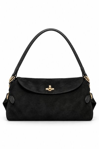 Nura Collection Black Women's Gold-Locking Genuine Suede Shoulder Bag.