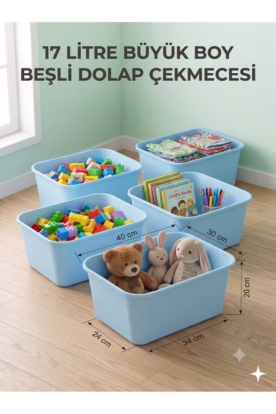 decosense 5 Adet Mavi Büyük Boy 17 Litre 40x30x20 cm Oyuncak Dolabı Çekmecesi