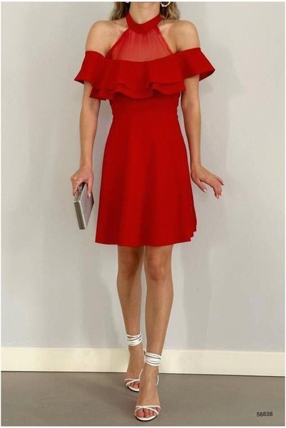 BŞK VİRGO Tulle Dress with Flounces Mini Collar Boat Neck Fabric · Color: Red...