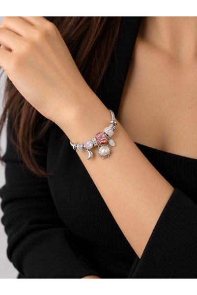 LUNAERA JEWELRY سوار نسائي فضي اللون مزين بحجر وردي وشكل القمر والشمس
