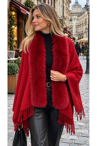 MARBERRY Red Faux Fur Tasseled Women's Shawl Poncho
