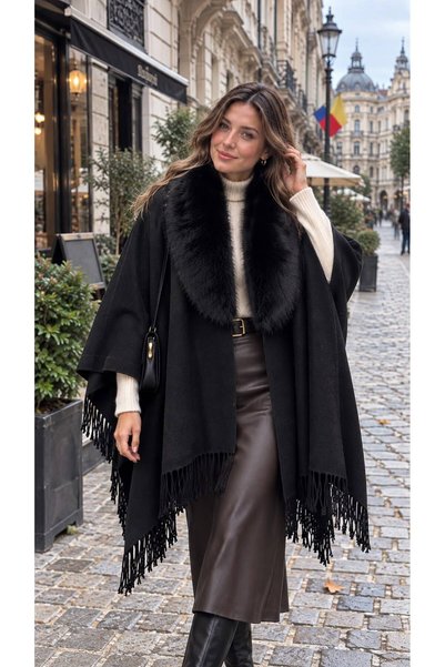 MARBERRY Black Lux Faux Fur Collar Tasseled Women's Shawl Poncho