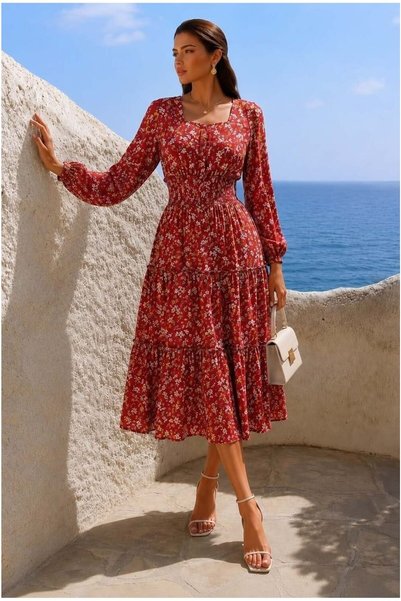 northcity n Square-Necked Midi-Length Dress with Sleeves and Long Ruffle Deta...