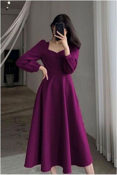 northcity n Square Neck Midi-Length Dress with Sleeves · Color: Purple · Size...
