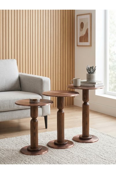 Modern 3’lü Ahşap Zigon Sehpa Seti Eskitme Bakır Kaplama Metal Tablalı 50-55-60 cm