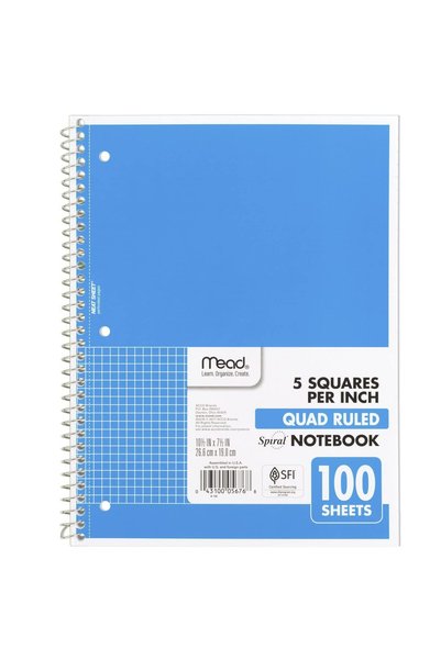 GENERAL Mead Spiral Notebook, 1-Subject, Graph Ruled Paper, 10-1/2" x 8", 100...