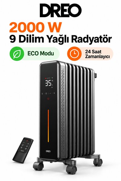 DREO 2000 W 9 Dilim Akıllı Yağlı Radyatör ECO Modlu Termostatlı Kumandalı 24 Saat Zamanlayıcılı