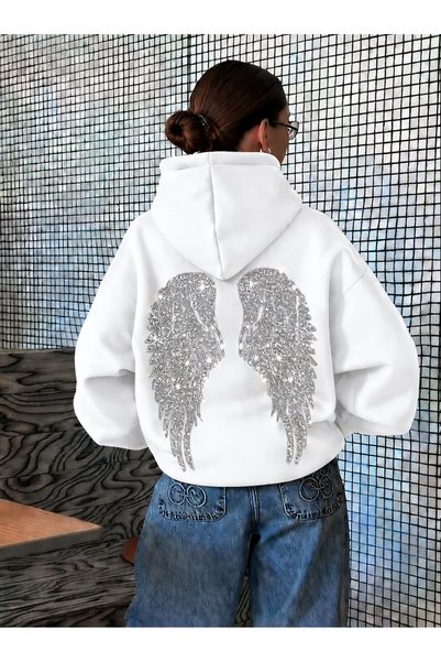 classy moda Women's Oversize Hooded Sweatshirt with Stone Back and Wing Print...