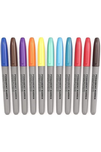 GENERAL Permanent Markers Set - 12 Assorted Colors, 2-3 mm Bullet Tip, Waterp...