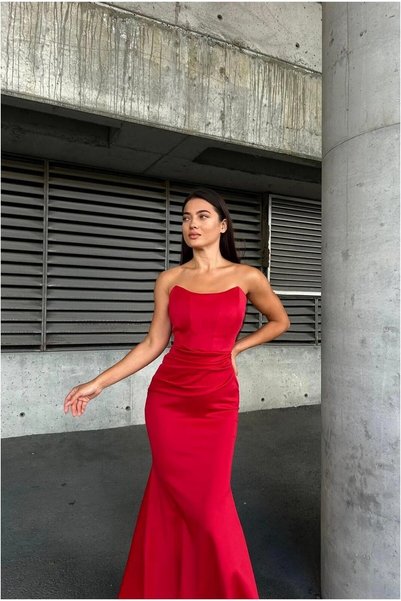 BŞK VİRGO Stretchy Lycra Fabric Evening Dress Strapless Gown Maxi · Color: Em...