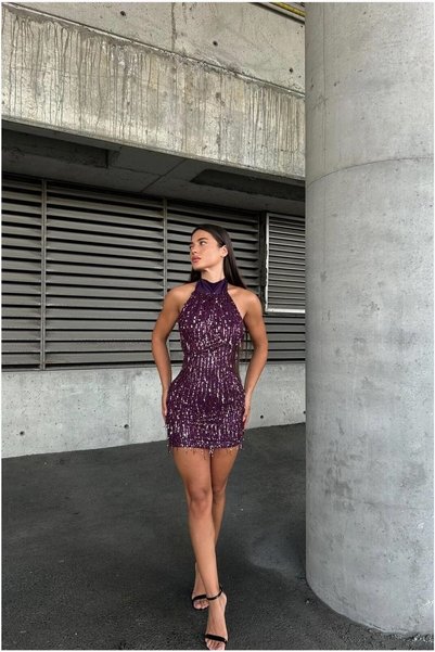 BŞK VİRGO Glittery Mini Fabric Evening Dress Halter Sequined Collar Dress · C...