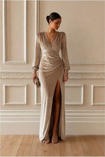 BŞK VİRGO Velvet Vertical Fabric Evening Dress Collared Dress with Slit · Col...