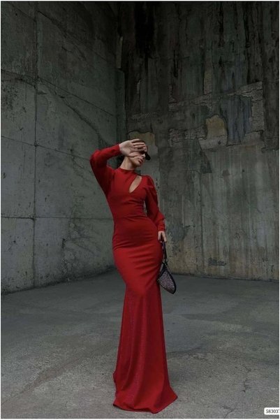 BŞK VİRGO Silvery Low-Cut Fabric Evening Dress Collar Degaje Dress Maxi · Col...