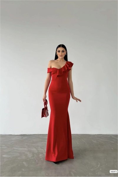 BŞK VİRGO Scuba Fabric Evening Dress Collar Flounce Kayık Stretch Dress · Col...