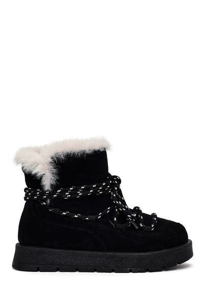 Derimod Women's Black Lace-Up Thick-Soled Suede Teddy Boots Wf250007Ss