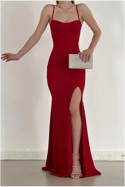 BŞK VİRGO Satin Slit Dress Evening Gown V-Neck Strap Fabric · Color: Plum · S...