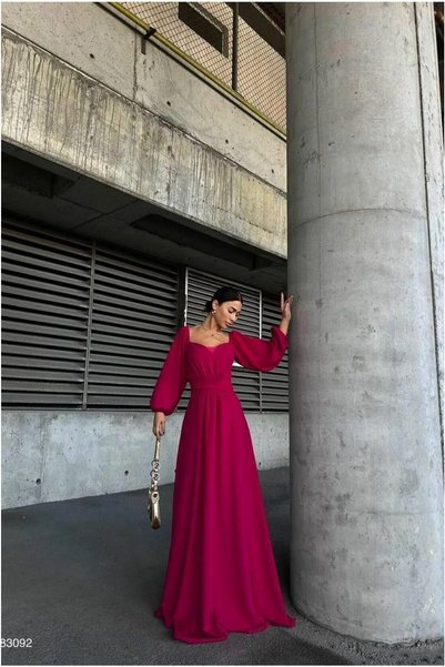 BŞK VİRGO Satin Fabric Evening Dress Collared Dress Maxi Square · Color: Saks...