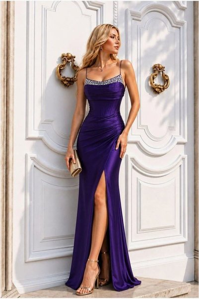BŞK VİRGO Satin Dress Stone Evening Dress with Strap Detail Fabric · Color: S...