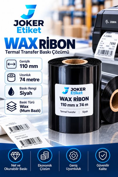 JOKER ETİKET / 110X74 mm / Wax Ribon / 74 Metre / 1 Rulo / Siyah Termal Transfer