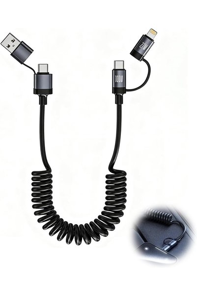 Generic كابل USB-C وLightning ملفوف 4 في 1، سلك شحن للسيارة بطول 1.5 متر، كاب...