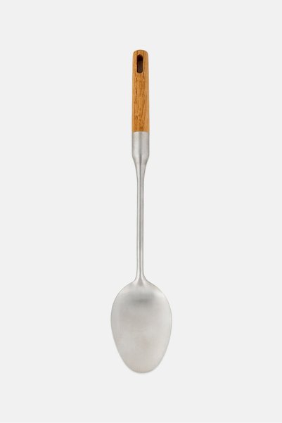 BERGER Rubberwood Handle Stainless Steel Solid Spoon, Silver