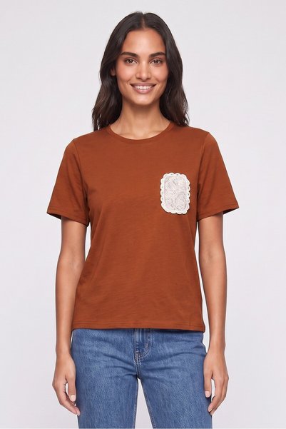 Daphnea Women Crew Neck Embroidered Short Sleeve Top, Brown
