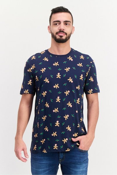 Sinsay Men Round Neck Short Sleeve Allover Print T-Shirt, Navy Blue