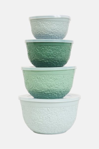 Gourmet 4 Pieces Flower Embossed Mixing Bowl Set With Lids, Multicolor