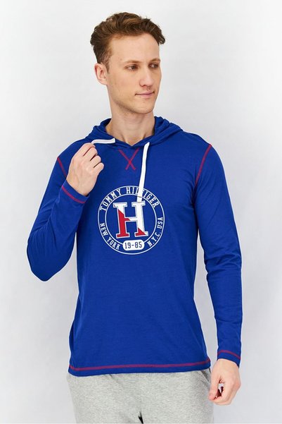 Tommy Hilfiger Men Hooded With Drawstring Graphic Long Sleeves Pajama Sweatsh...