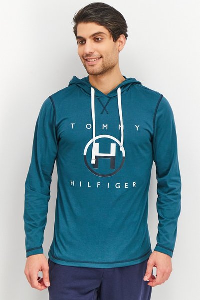 Tommy Hilfiger Men Hood With Drawstring Long Sleeve Brand Logo Sleepwear, Lagoon