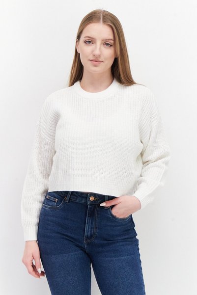 Don't Call Me Jennyfer Women Crew Neck Crochet Sweater, White