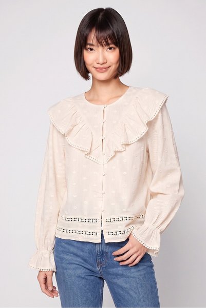 Daphnea Women Round Neck Stripe Long Sleeve Blouse, Beige